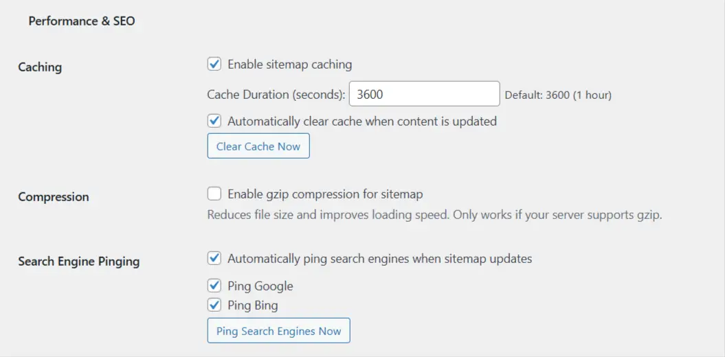 Performance and Ping Settings - WordPress Sitemap Plugin