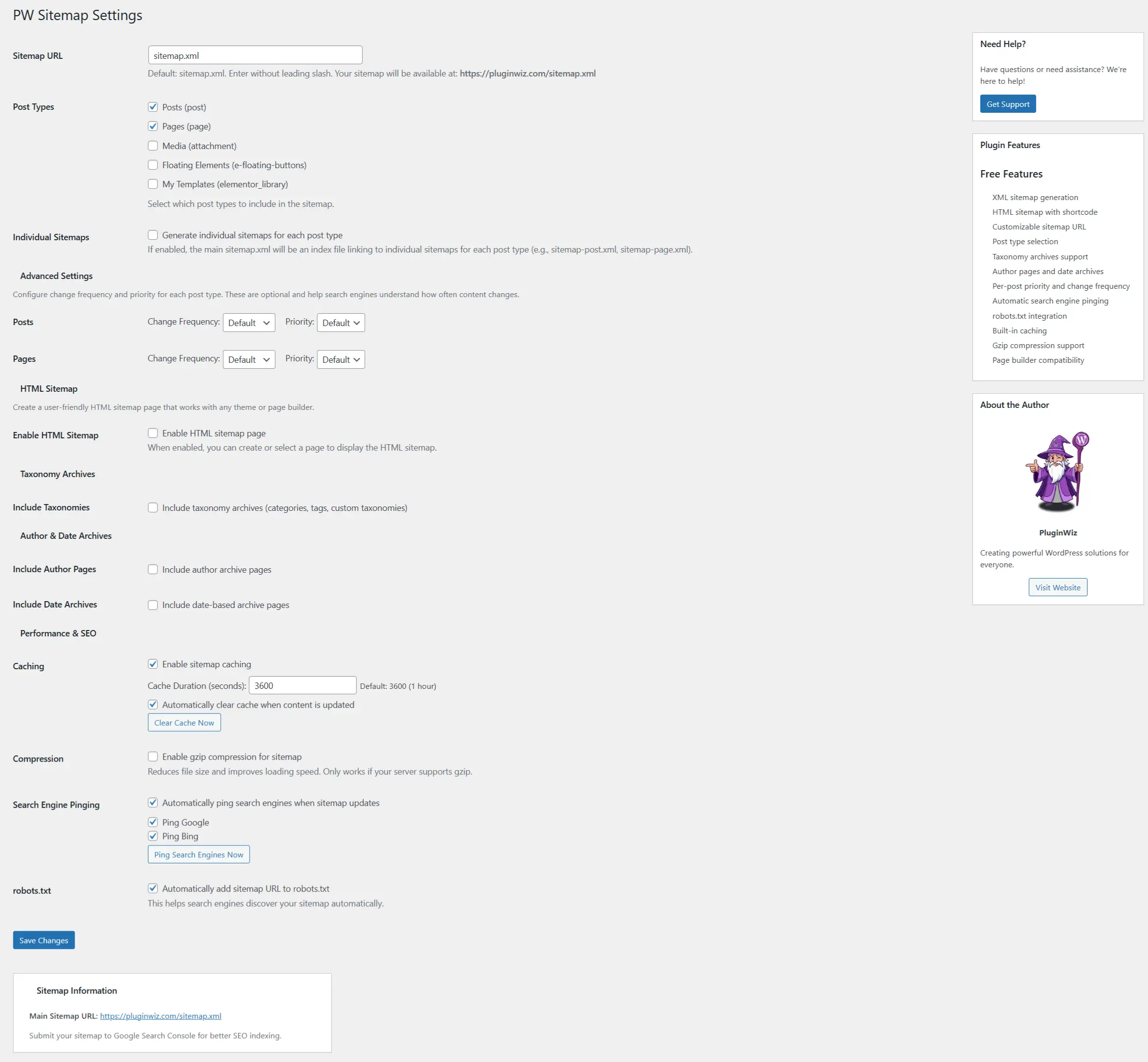 Sitemap Plugin Settings page
